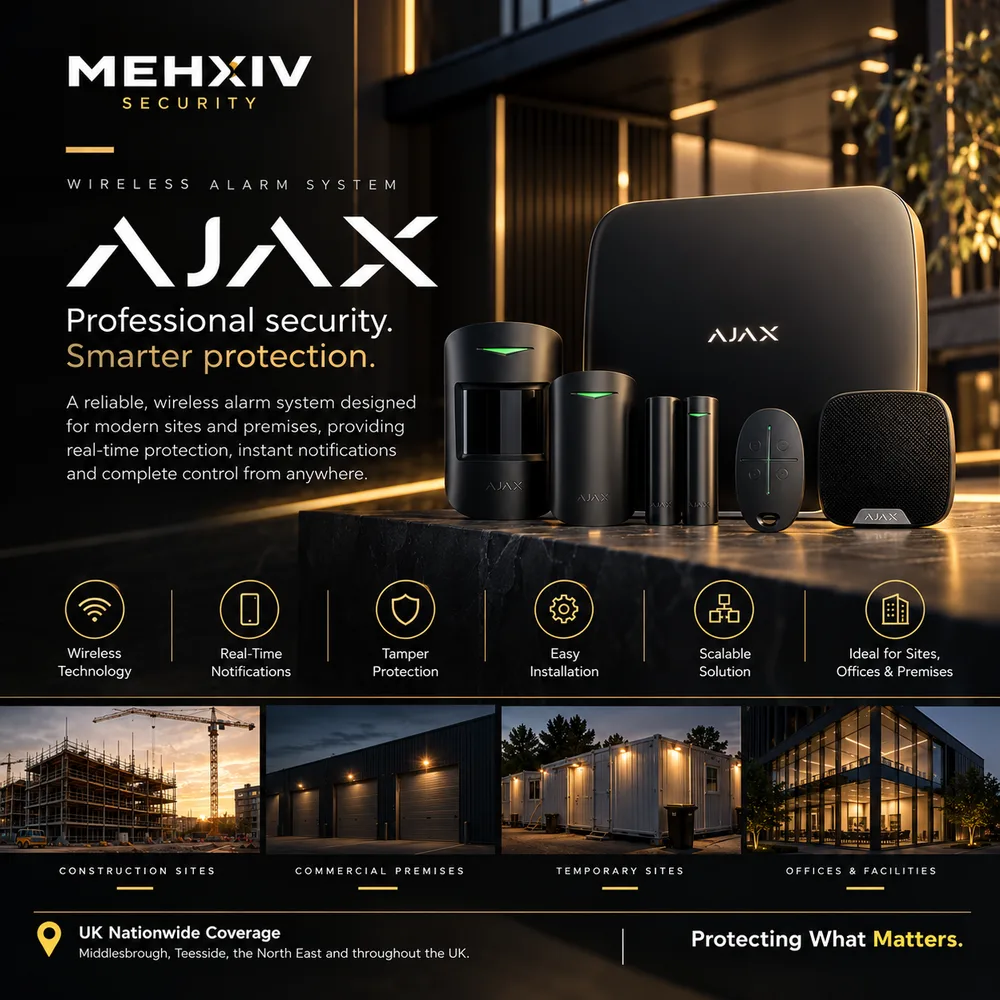 AJAX wireless alarm system hub, motion detectors, keyfob and siren on a stone ledge
