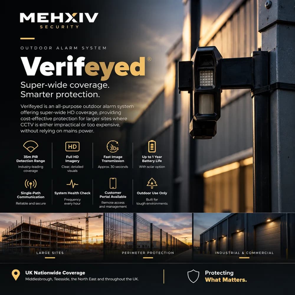Verifeyed outdoor alarm detector mounted on a post beside a large industrial building at sunset