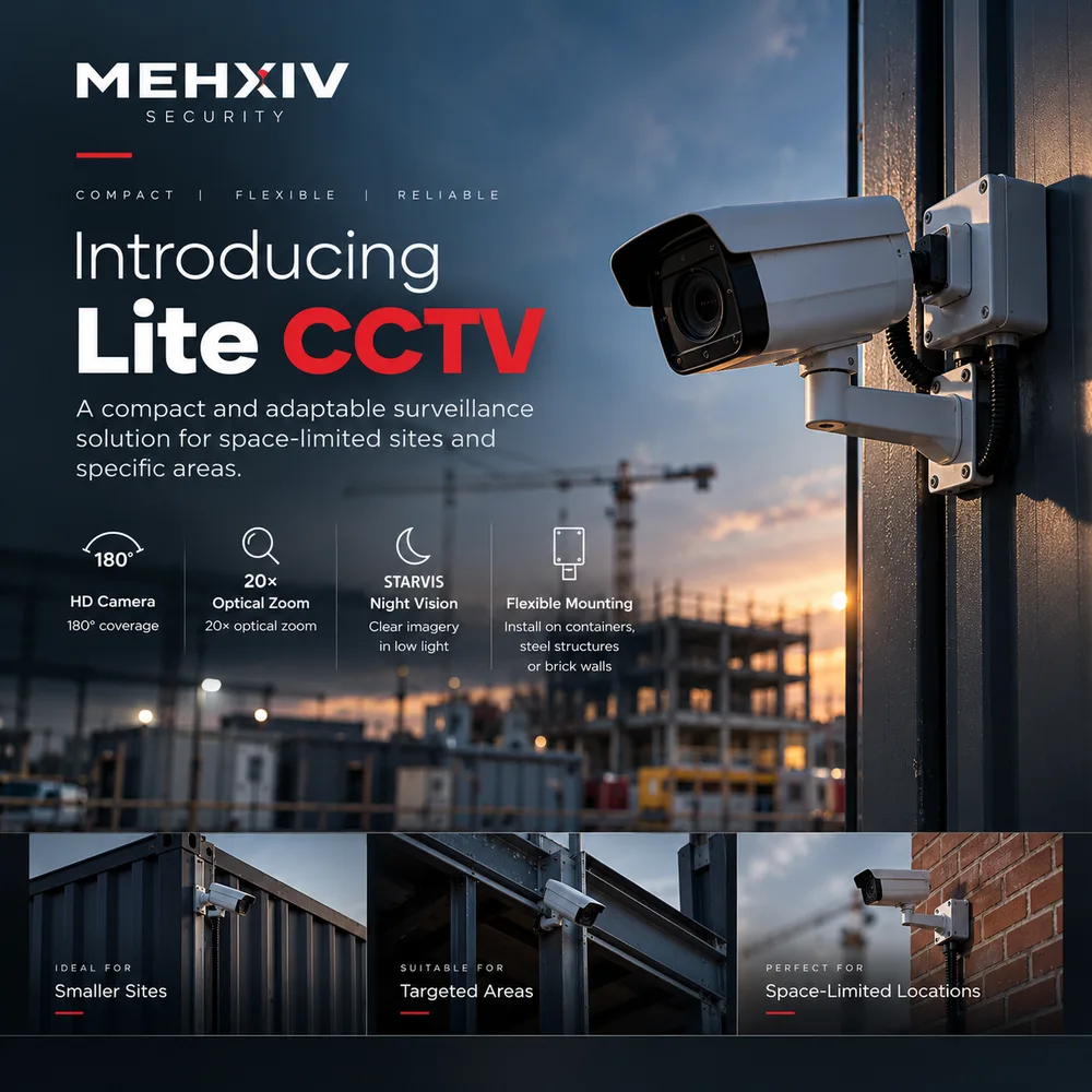 Lite CCTV compact camera mounted on a steel post with a construction site in the background