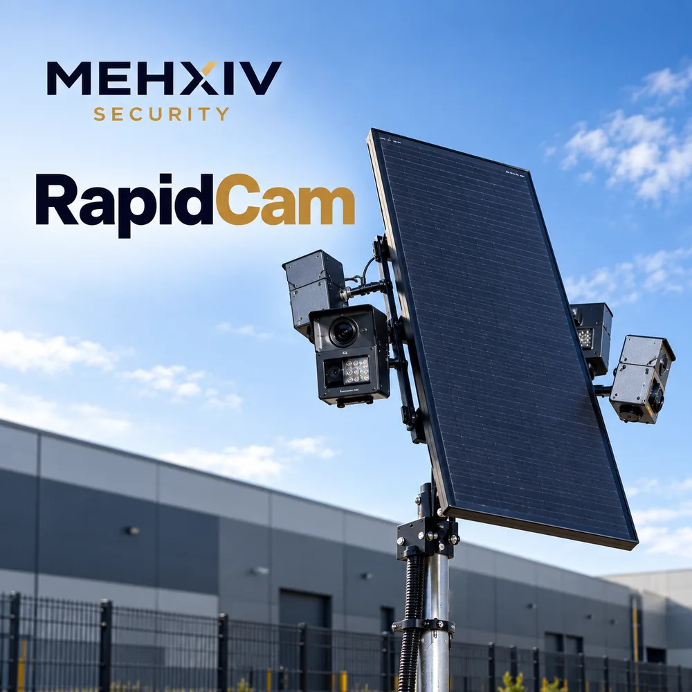 RapidCam portable solar-powered CCTV camera unit mounted on a pole beside an industrial building