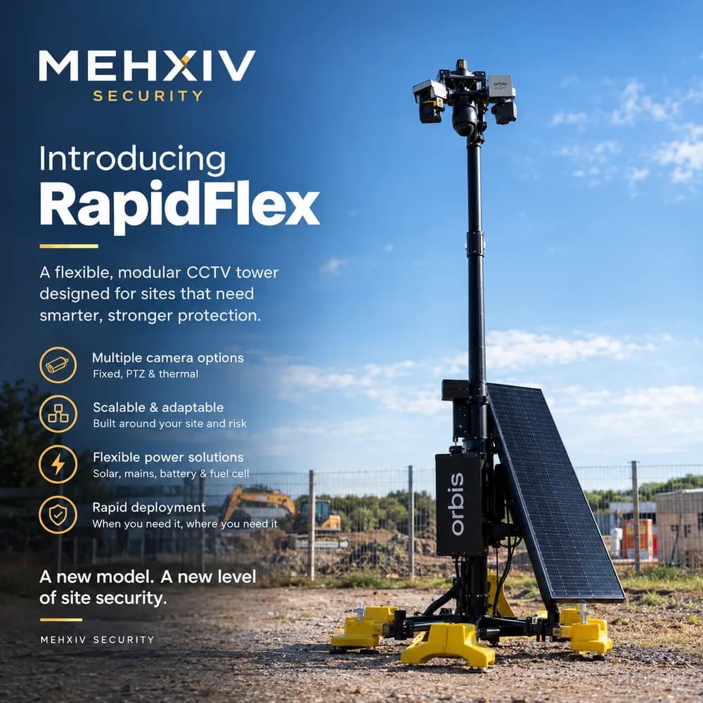 RapidFlex modular CCTV tower with solar panel on yellow base feet at a construction site