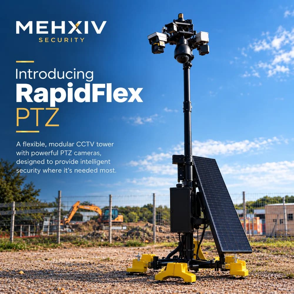 RapidFlex PTZ mobile CCTV tower with solar panel in front of a fenced construction site