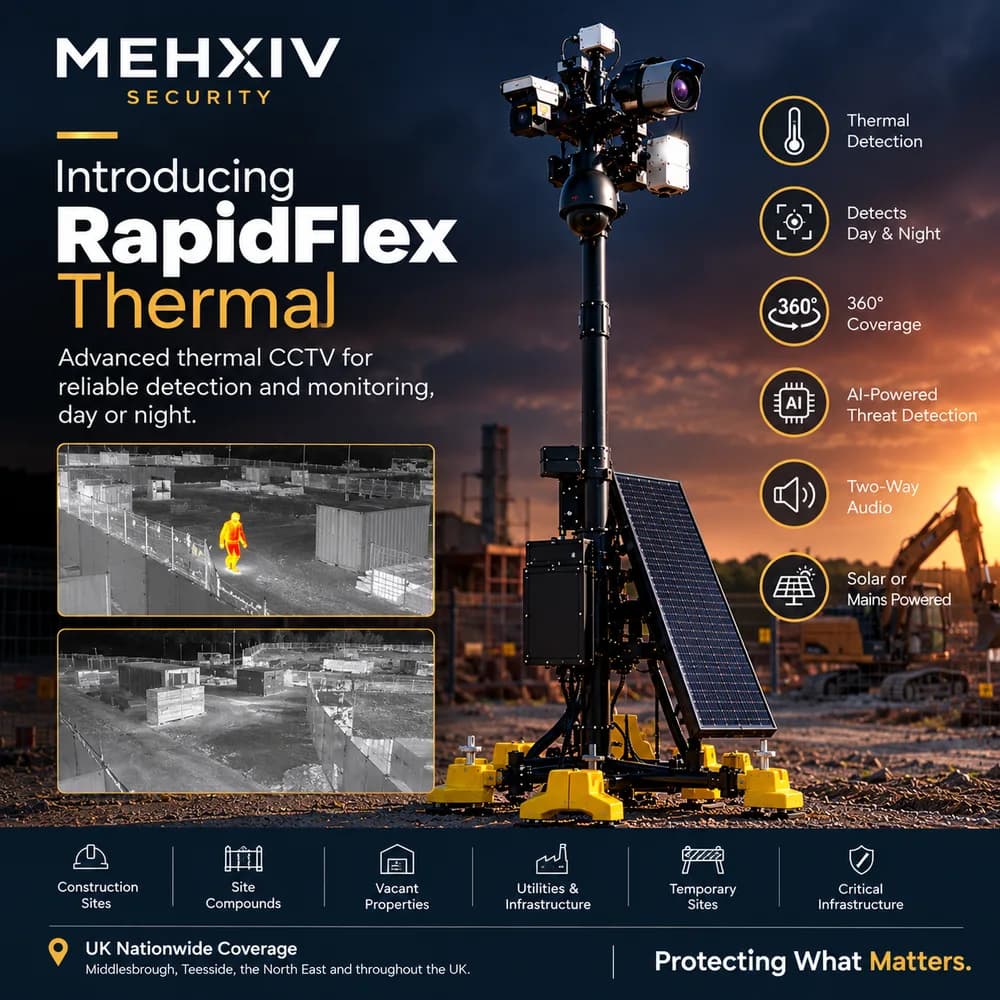RapidFlex Thermal CCTV tower at dusk with thermal camera images showing a person detected on site