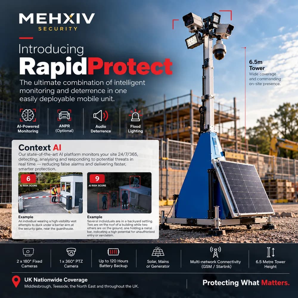 RapidProtect 6.5 metre mobile CCTV tower with solar panel and Context AI example screens