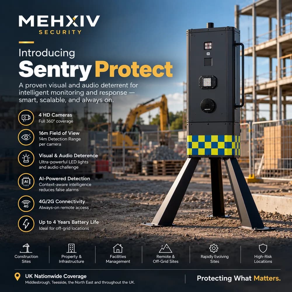 Sentry Protect deterrent unit on three legs with a high-visibility band on a construction site