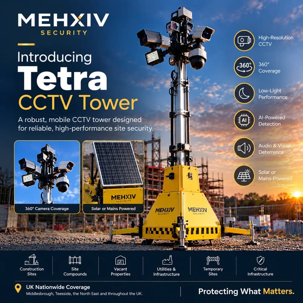 Tetra CCTV tower in yellow MEHXIV Security livery with cameras, floodlights and a solar panel