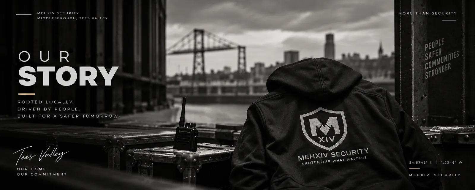 Our Story: a MEHXIV Security officer in a branded hoodie looks across the River Tees towards the Transporter Bridge in Middlesbrough